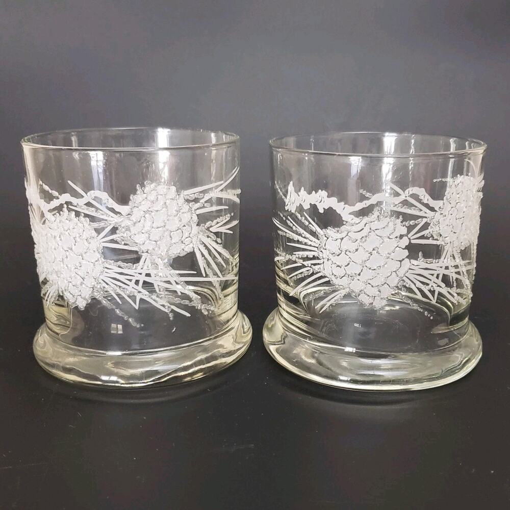 VTG‎ MCM Set of 2 DOROTHY THORPE Double Old Fashioned Low Ball Glasses Pinecone